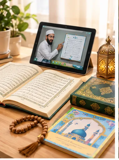 Boy studying Quranic Arabic in a live online lesson